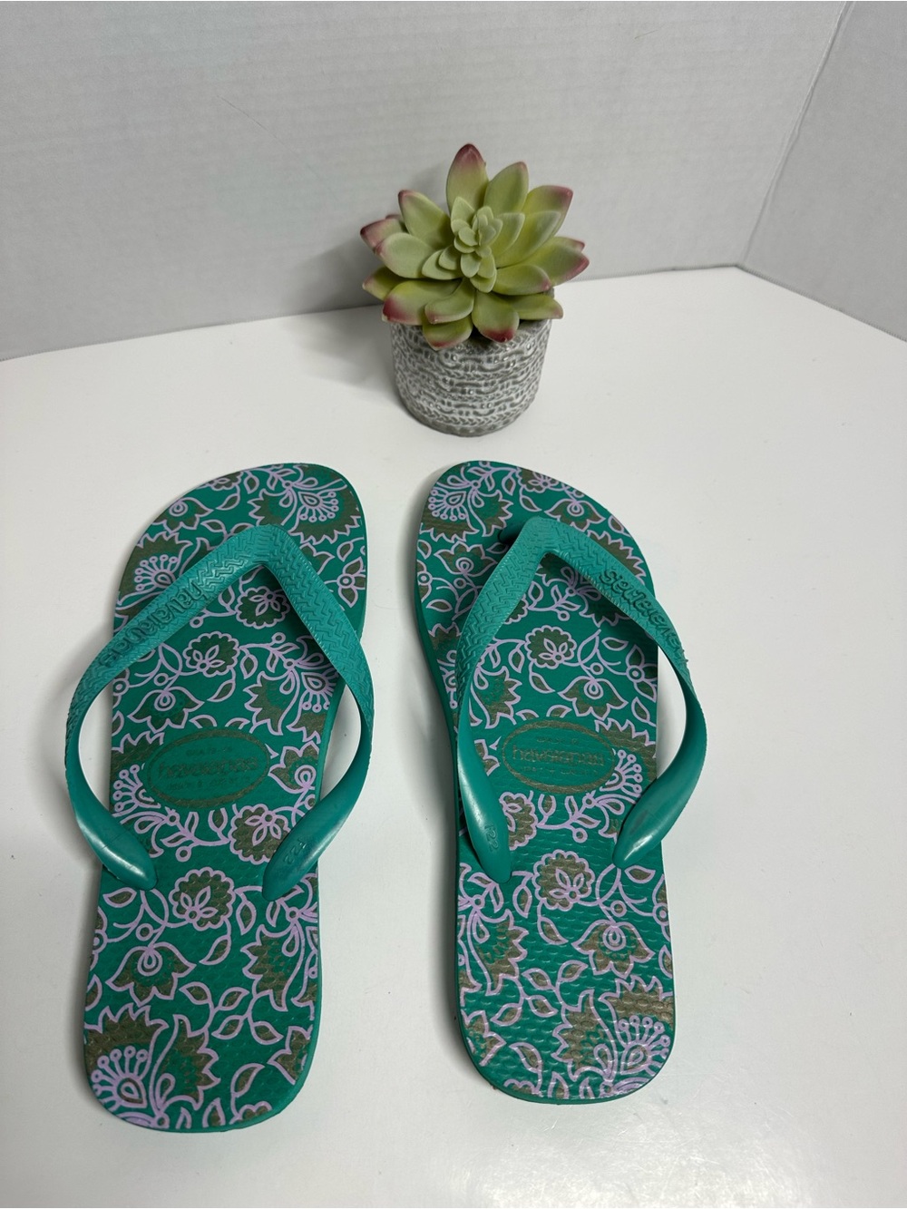 Havaianas Women's Teal Floral Flip Flops with White Print